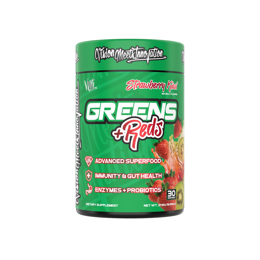 Glass of water with VMI Sports Greens + Reds powder being poured.
