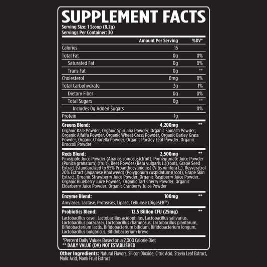 Close-up of Greens + Reds label highlighting daily immunity and gut health support.