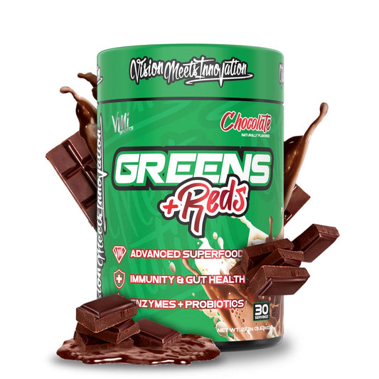 VMI Sports Greens + Reds powder tub ready to blend for a nutrient boost.