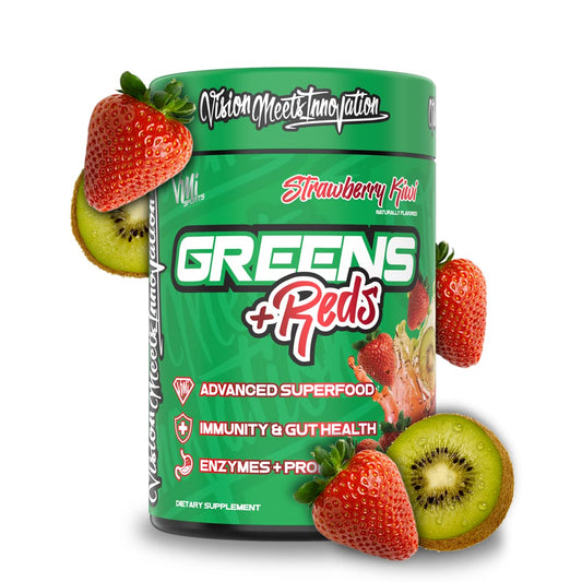VMI Sports Greens + Reds tub with strawberry kiwi flavor, ready for daily use.