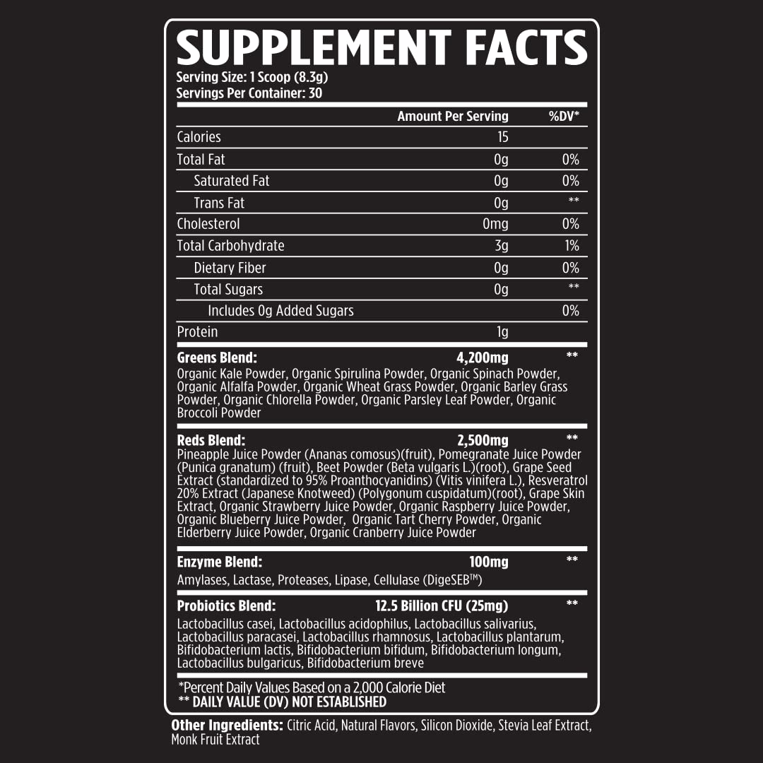 VMI Sports Greens + Reds tub with scoop, convenient daily greens and reds mix.