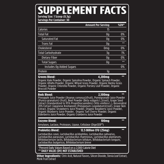 VMI Sports Greens + Reds tub with scoop, convenient daily greens and reds mix.