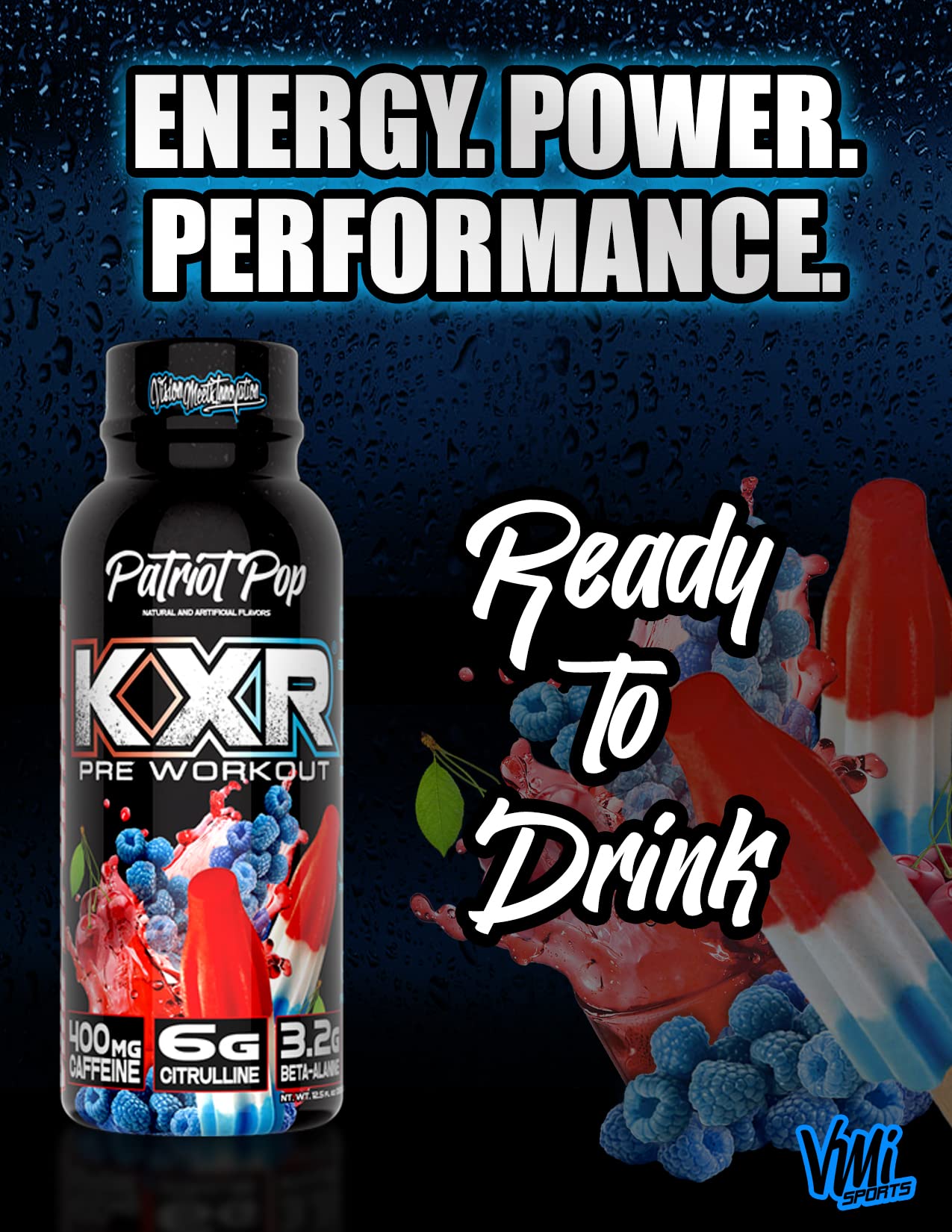 Close-up of VMI Sports KXR bottle highlighting caffeine level for workout focus