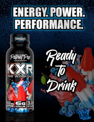 Close-up of VMI Sports KXR bottle highlighting caffeine level for workout focus