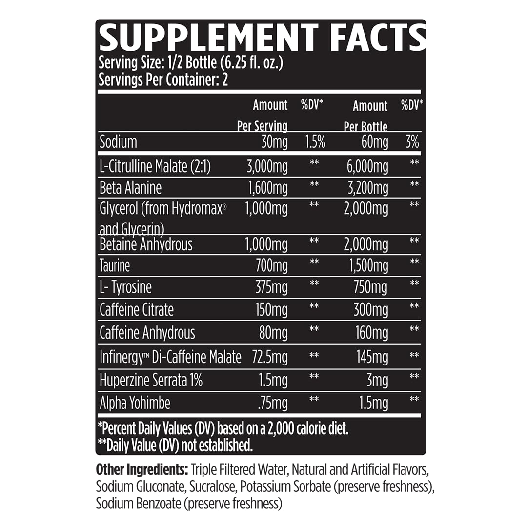 VMI Sports KXR bottle label highlights 400 mg caffeine for sustained intensity.