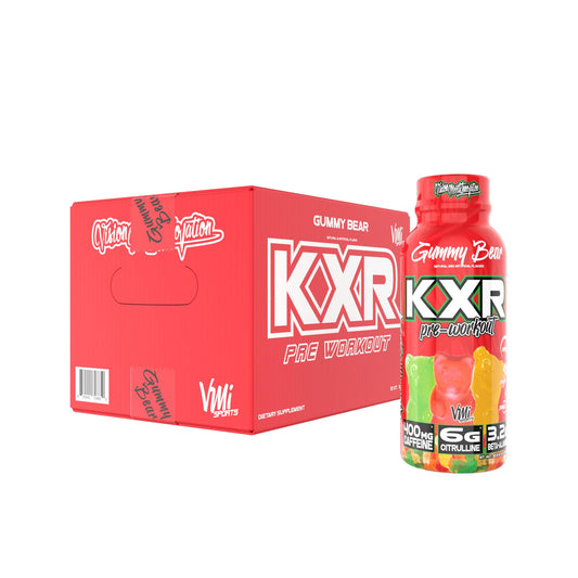 VMI Sports KXR gummy bear bottle front, potent energy boost for workouts.