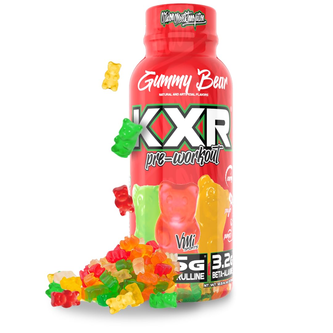 VMI Sports KXR gummy bear bottle side, convenient ready-to-drink pre workout.