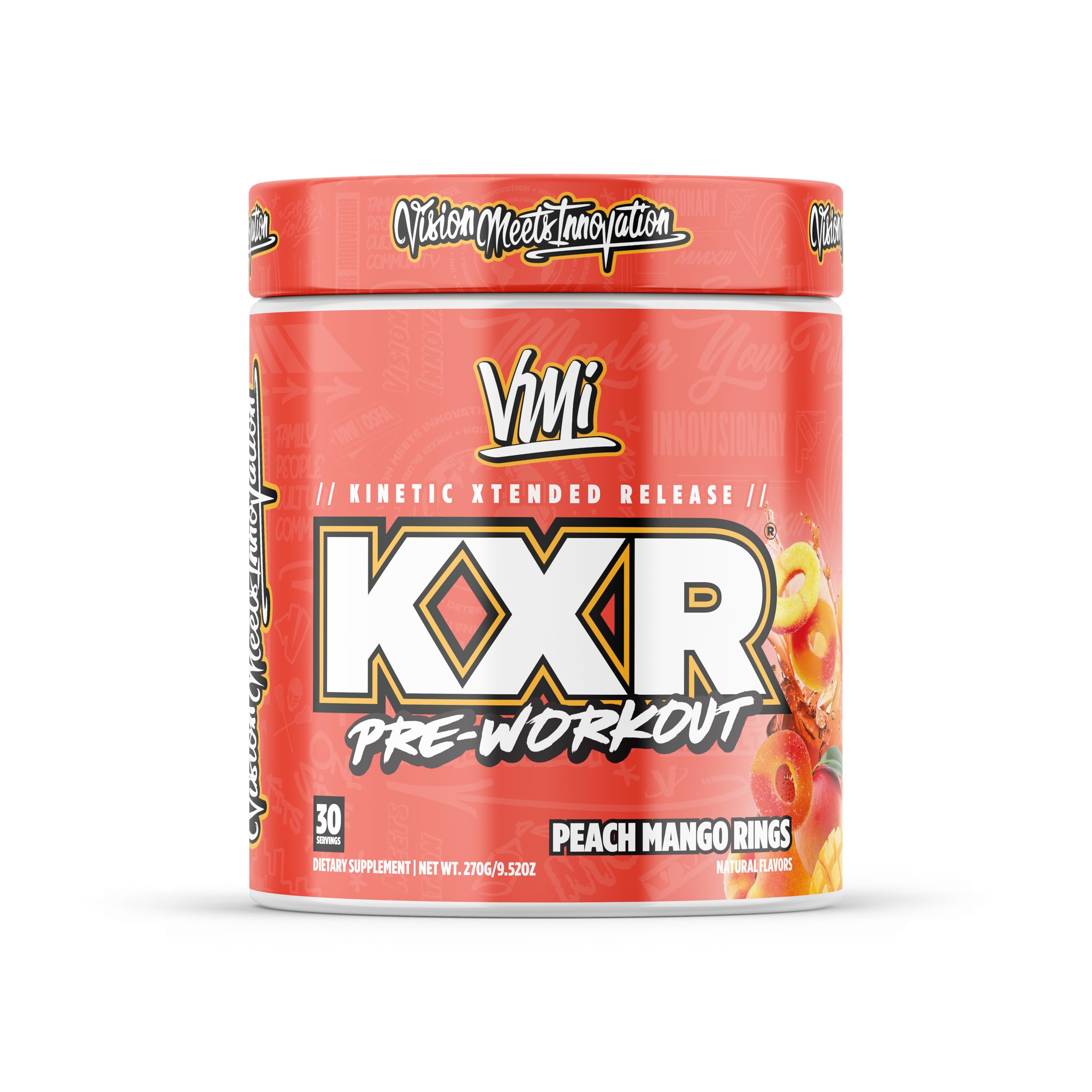 VMI Sports KXR pre-workout bottle boosts energy for workouts.