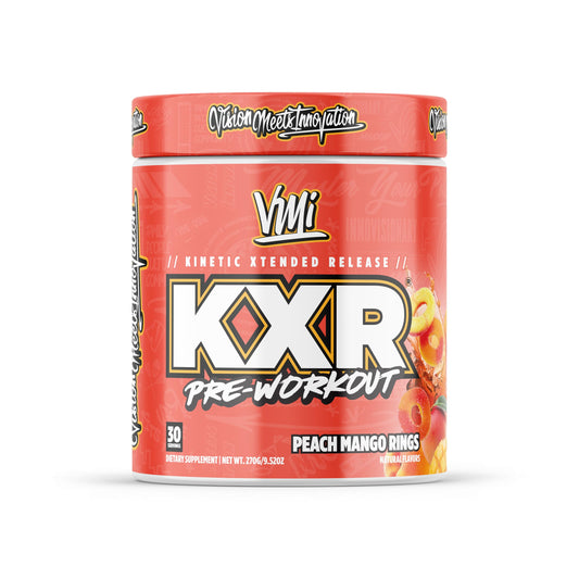 VMI Sports KXR pre-workout bottle boosts energy for workouts.