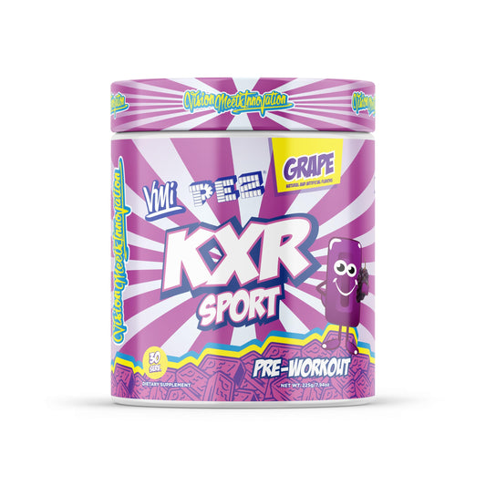 VMI Sports KXR pre-workout bottle in grape flavor for enhanced endurance.