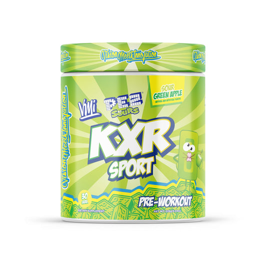 VMI Sports KXR pre-workout can in Sour Green Apple flavor boosts focus and endurance.