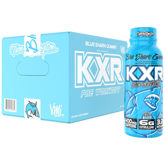 VMI Sports KXR RTD blue gummy bottle front, ready-to-drink energy for workouts