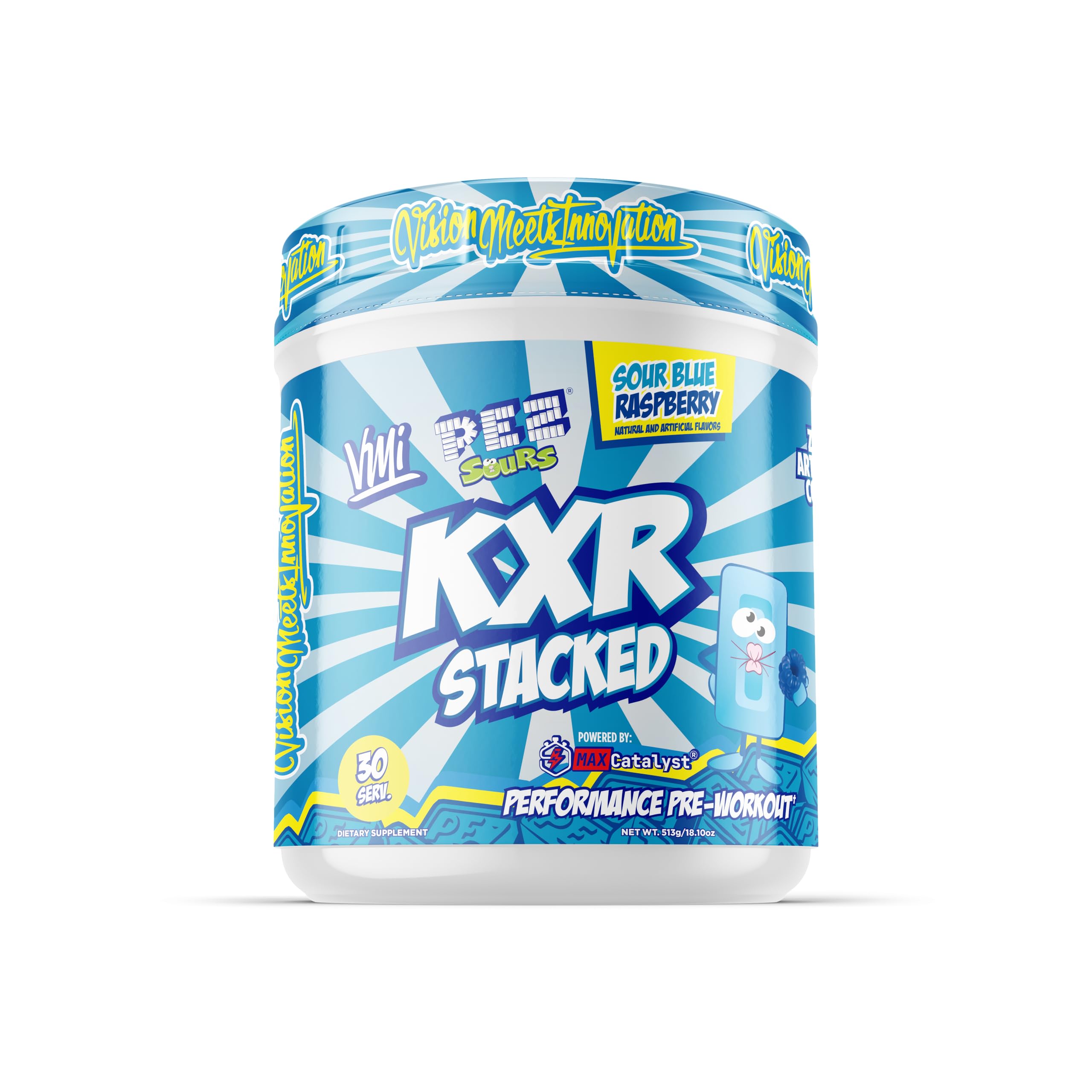 VMI Sports KXR Stacked bottle pour showing energy-boosting pre-workout formula.