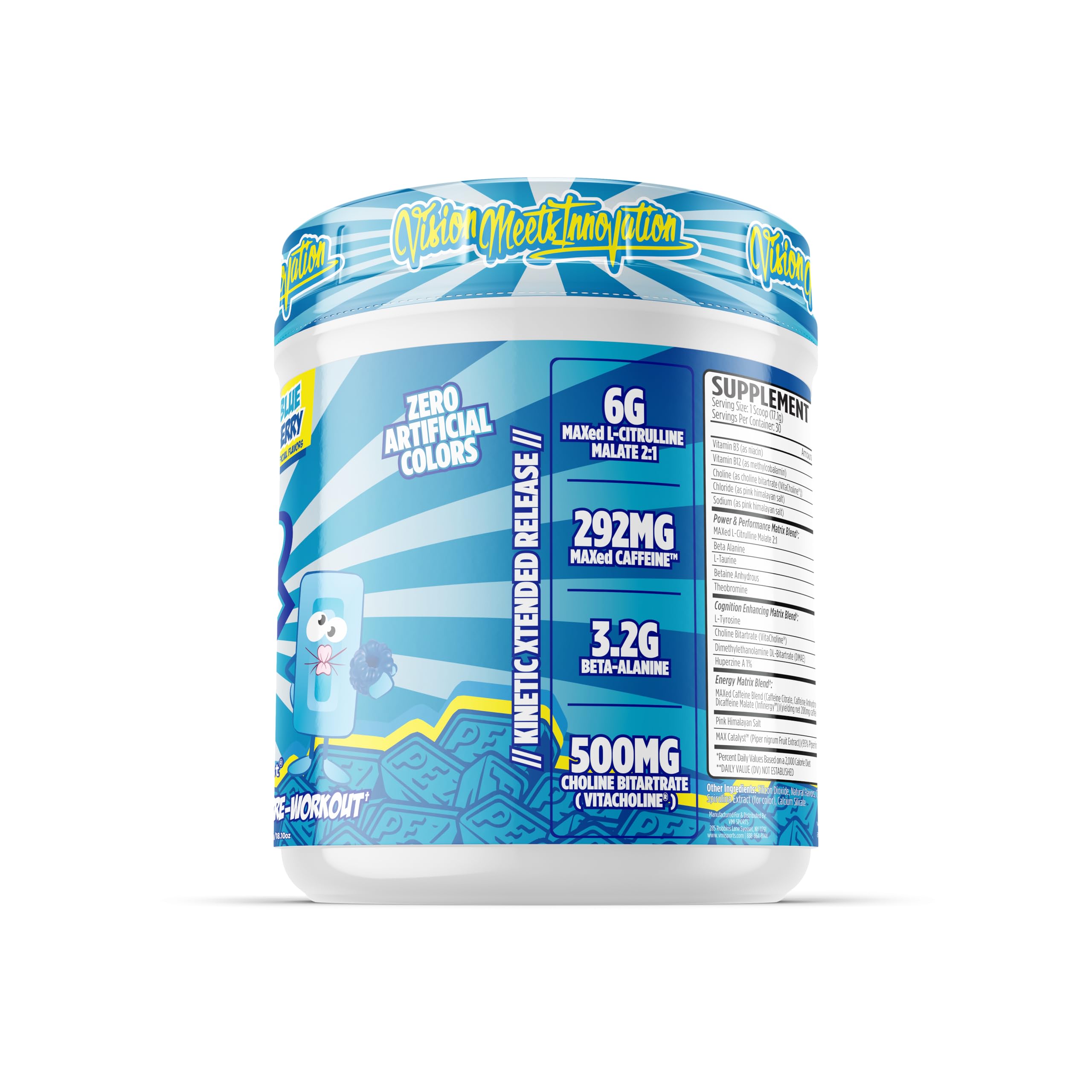 VMI Sports KXR Stacked PEZ Sour Blue Raspberry flavor in glass for great taste.