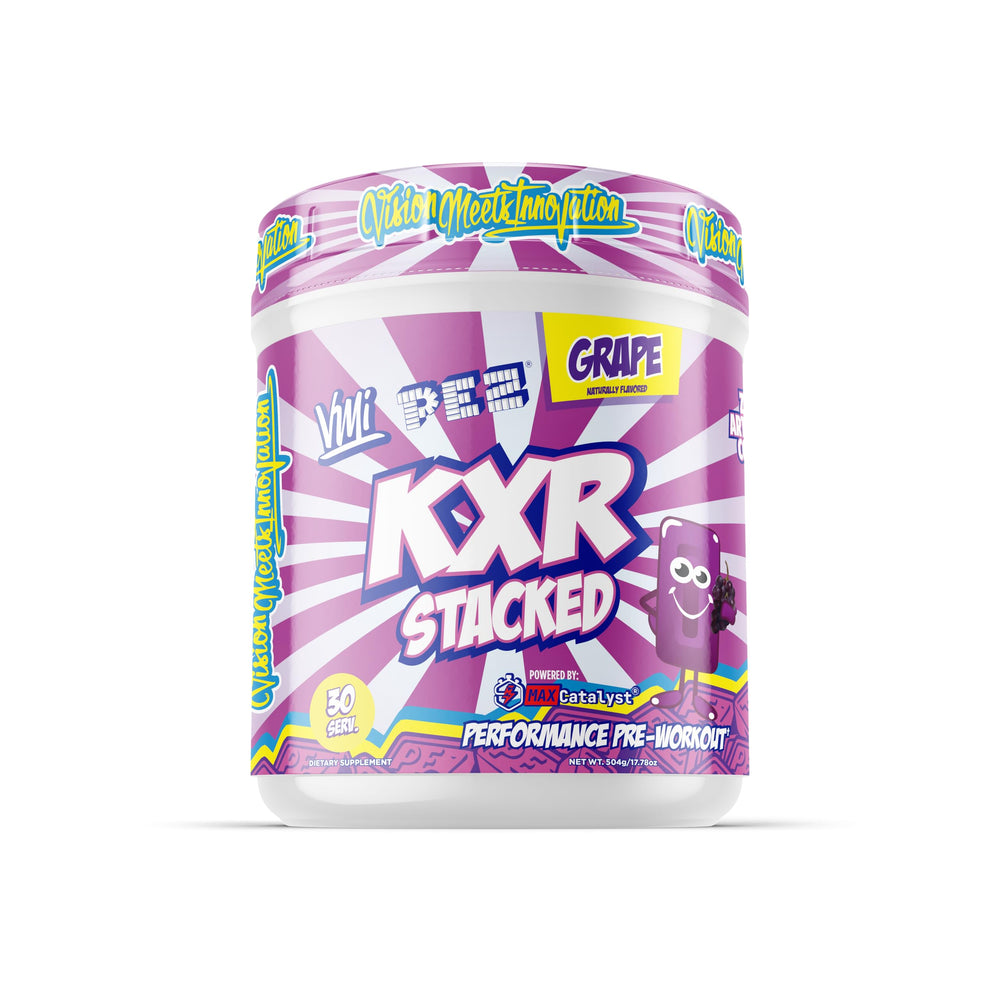 VMI Sports KXR Stacked tub closeup highlighting energy-boosting pre-workout formula.