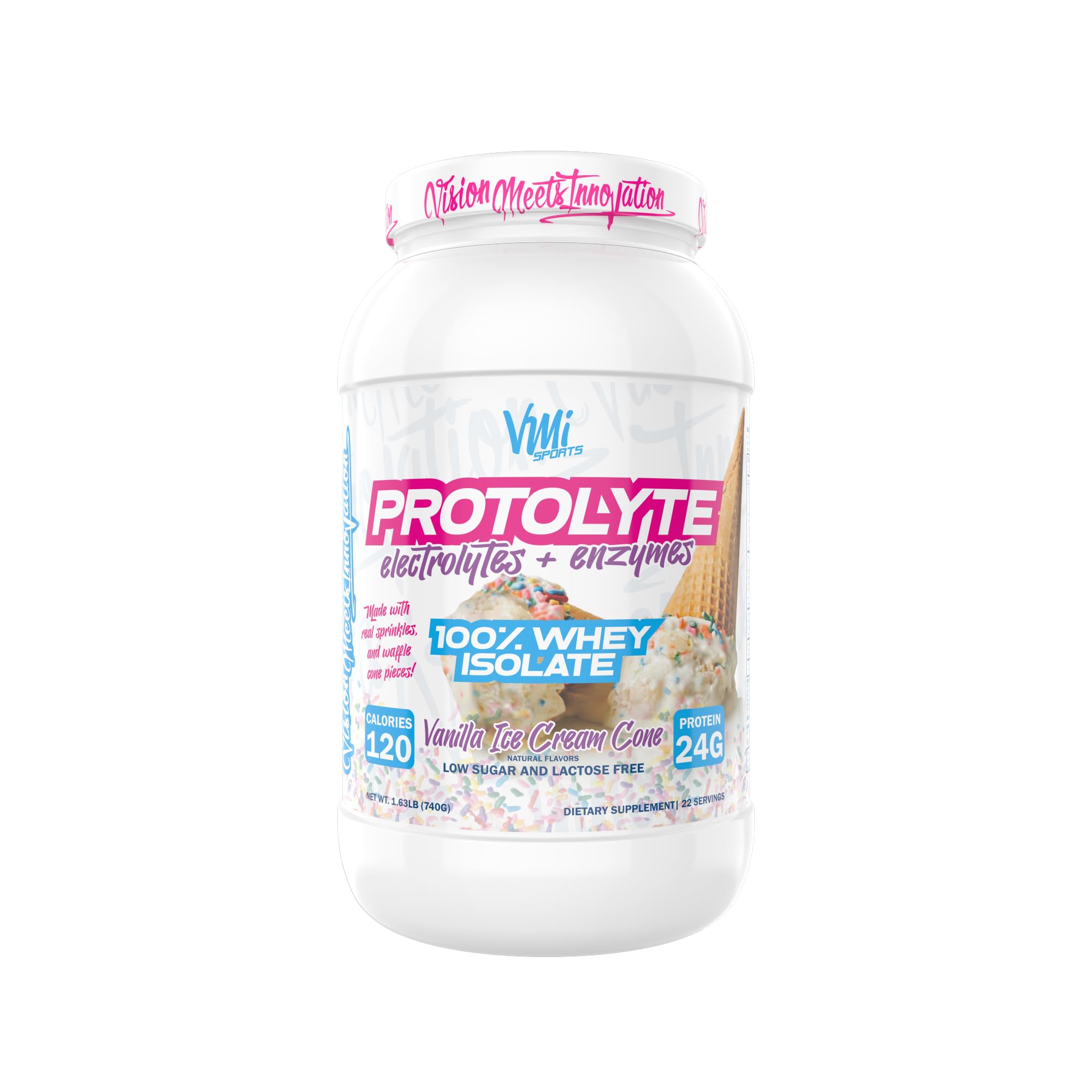 VMI Sports ProtoLyte bottle in vanilla ice cream cone flavor supports lean muscle recovery.