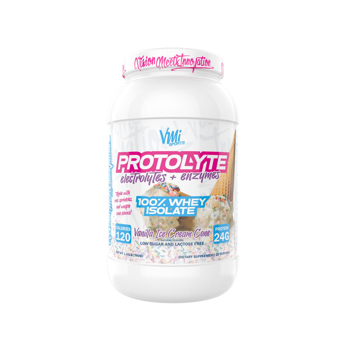 VMI Sports ProtoLyte bottle in vanilla ice cream cone flavor supports lean muscle recovery.