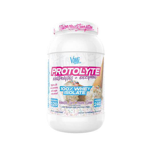 VMI Sports ProtoLyte bottle in vanilla ice cream cone flavor supports lean muscle recovery.