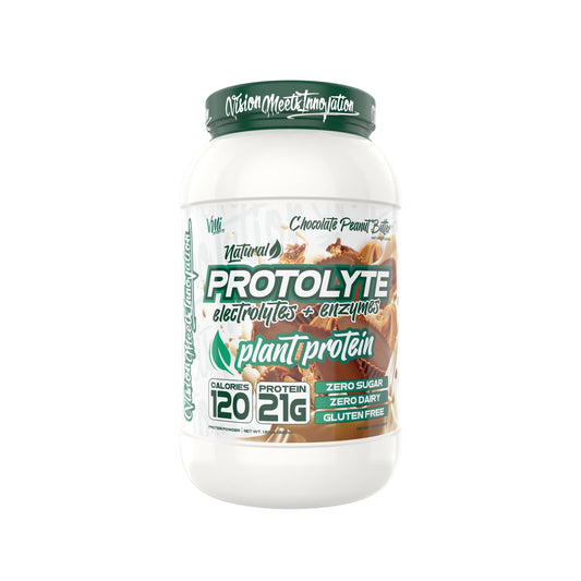 VMI Sports Protolyte canister front view highlighting zero sugar plant protein for post-workout fueling.
