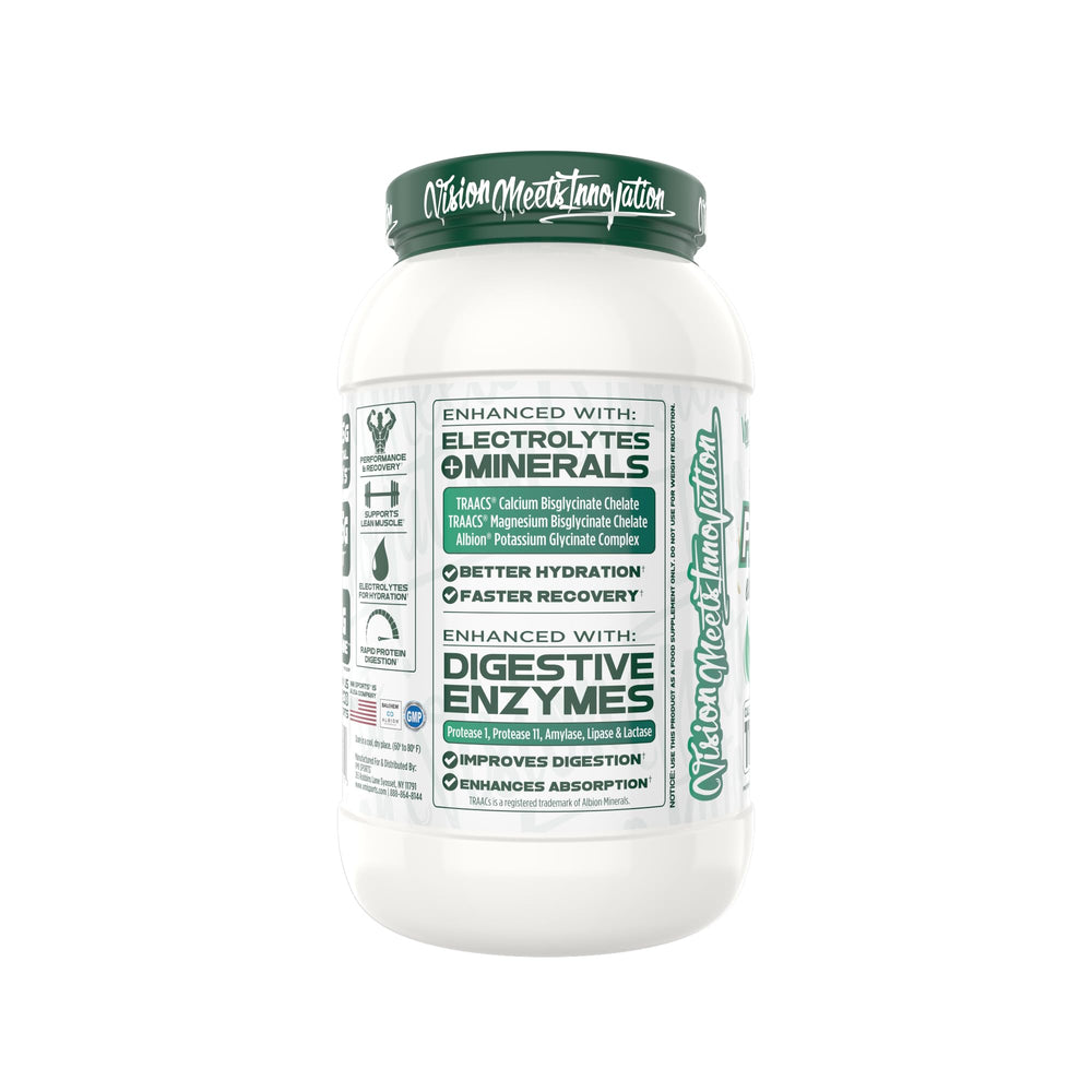Protolyte powder scoop highlighting zero sugar and gluten-free plant protein blend.