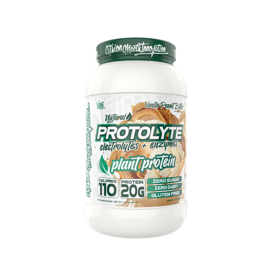 VMI Sports Protolyte Vanilla Peanut Butter bottle showing hydration-friendly electrolytes.