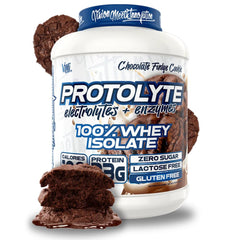 VMI Sports ProtoLyte whey isolate canister in Chocolate Fudge Cookie flavor for lean muscle support.