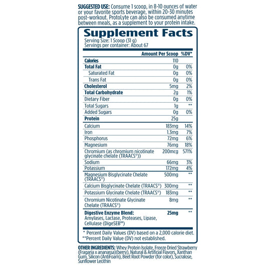 VMI Sports ProtoLyte scoop with strawberry flavor for post-workout fueling.