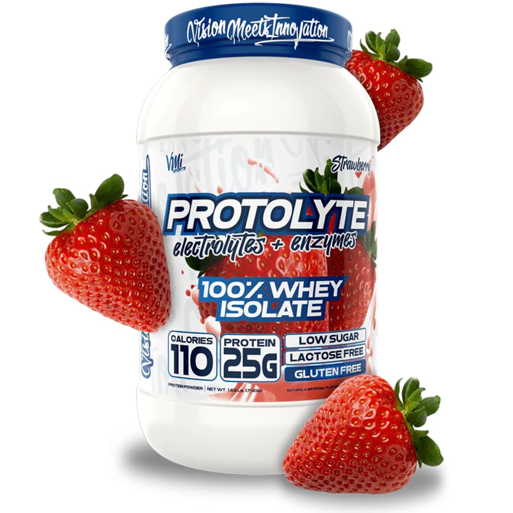 VMI Sports ProtoLyte whey isolate strawberry tub closeup highlights lean muscle support.