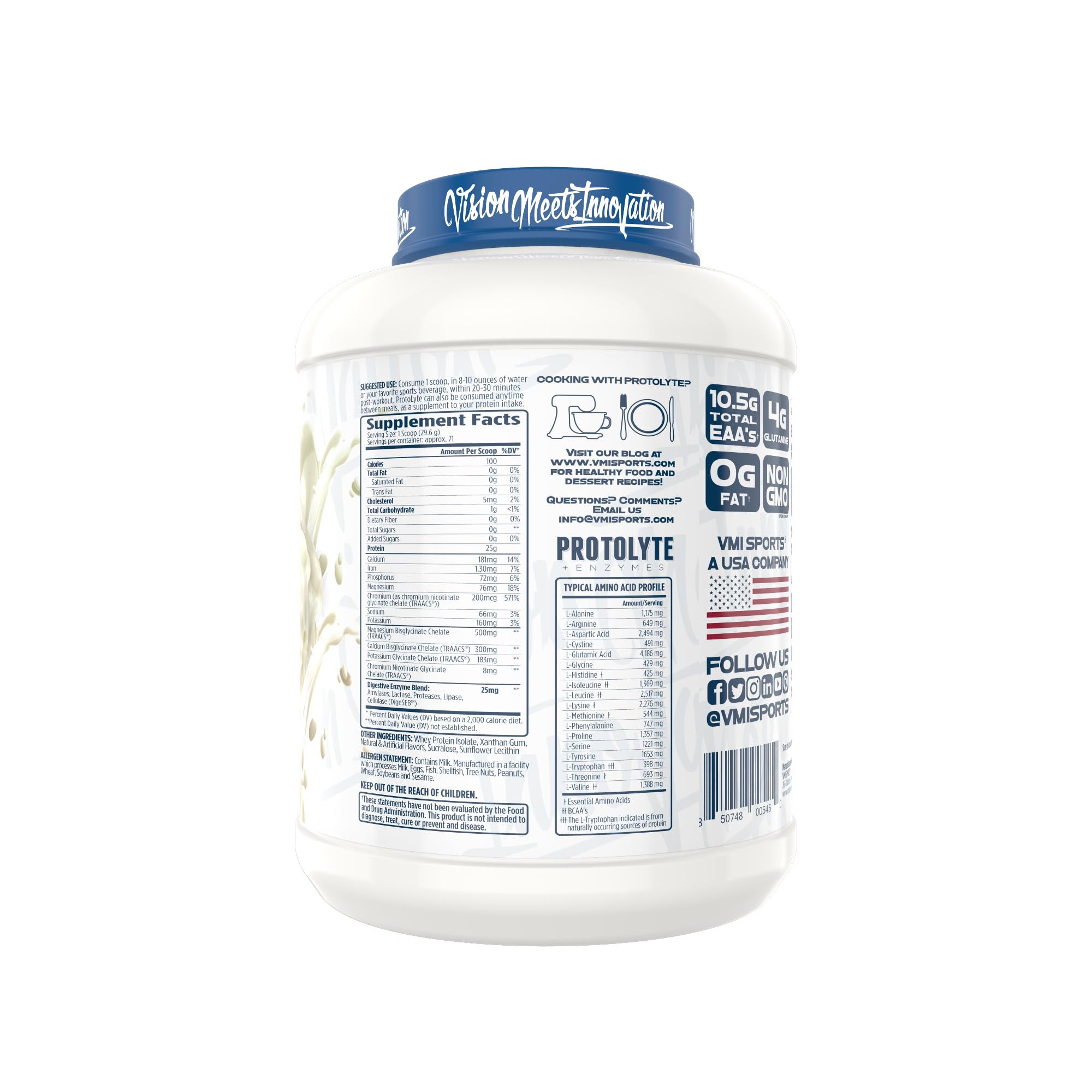 VMI Sports ProtoLyte nutrition label highlights protein per serving and minerals.