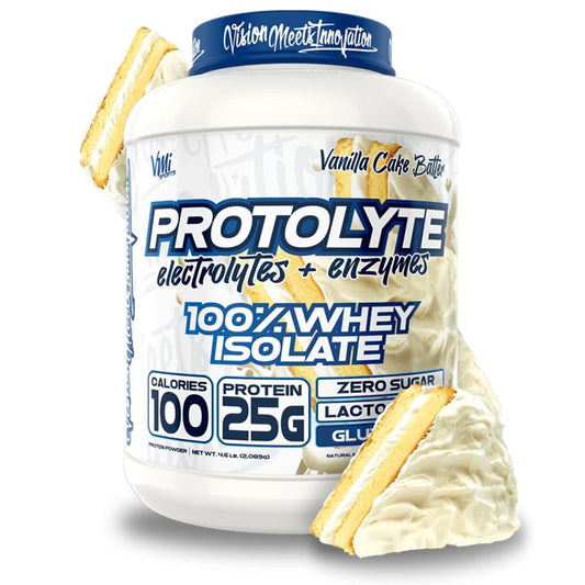 VMI Sports ProtoLyte whey isolate vanilla shake being poured for lean muscle support.