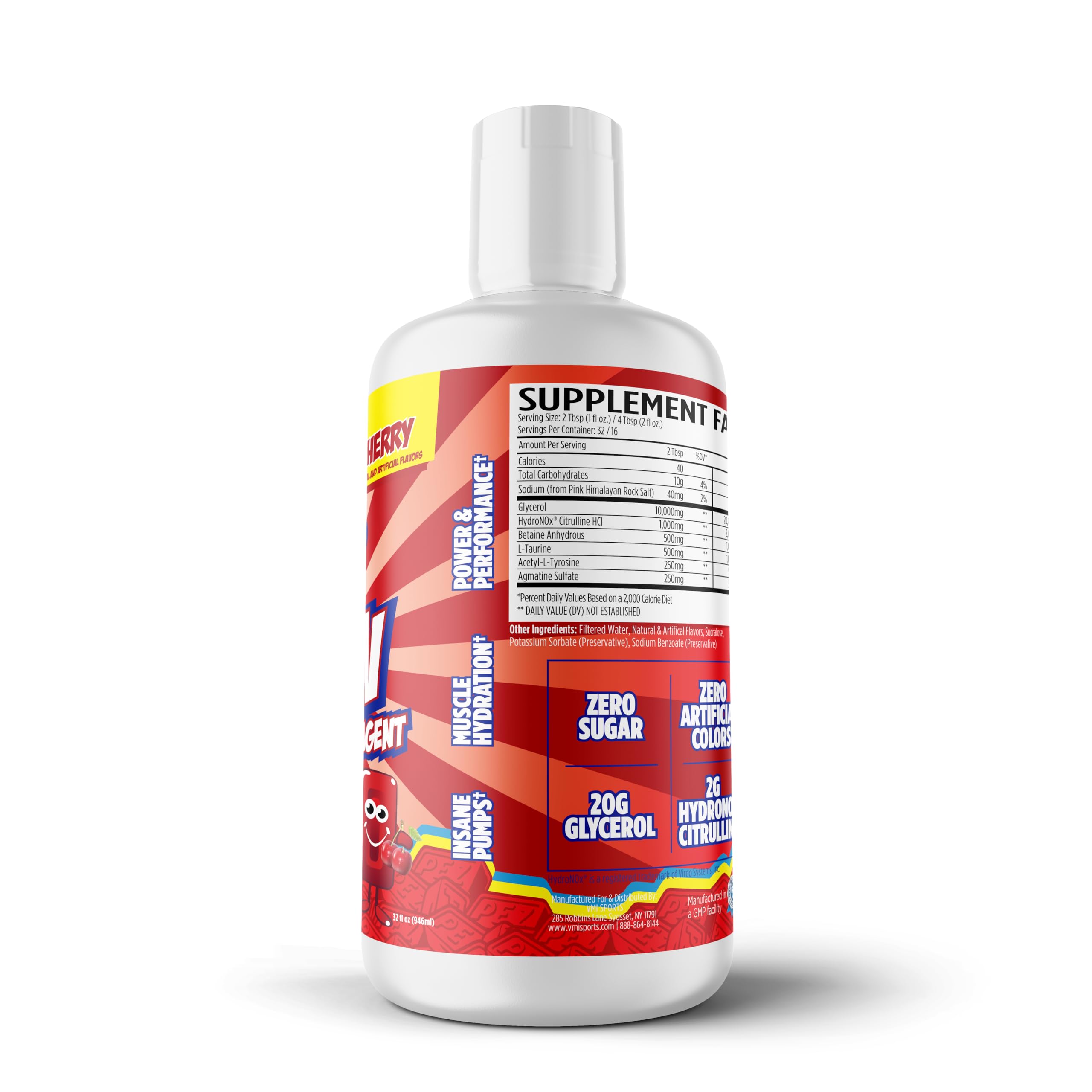 Close-up of Pump N Flow label highlights zero sugar and caffeine-free formula.