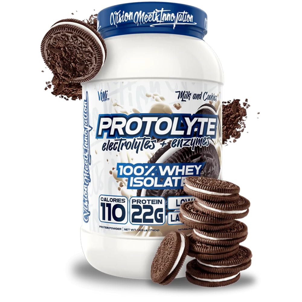 VMI Sports ProtoLyte whey isolate tub, Milk and Cookies, supports lean muscle.