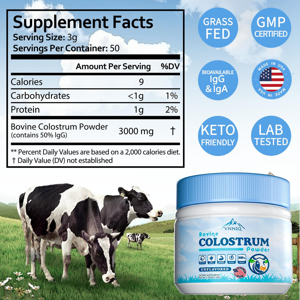 VNNIQ colostrum powder scoop into shake highlights easy, versatile daily use