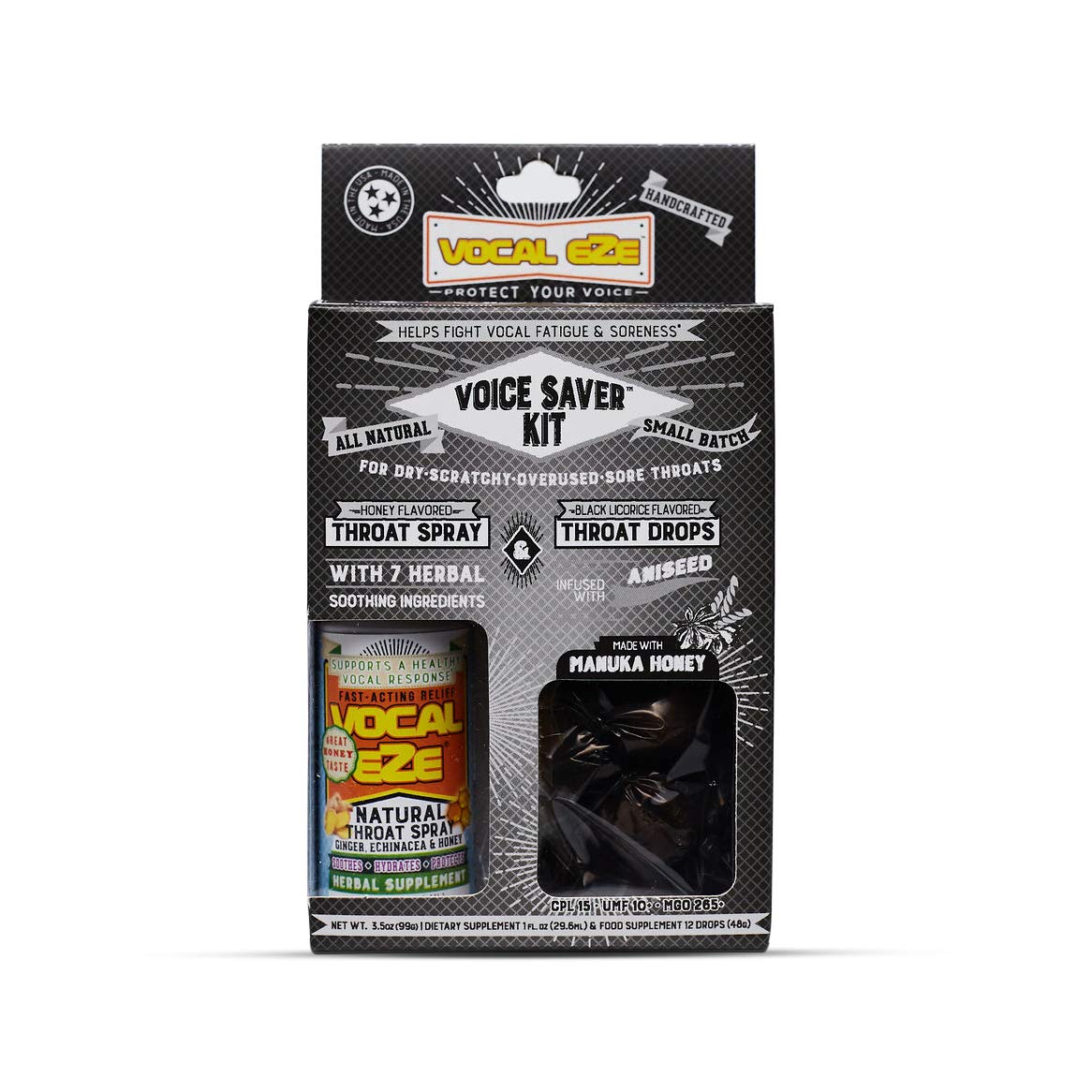 Vocal Eze throat spray bottle for on-the-go throat comfort.