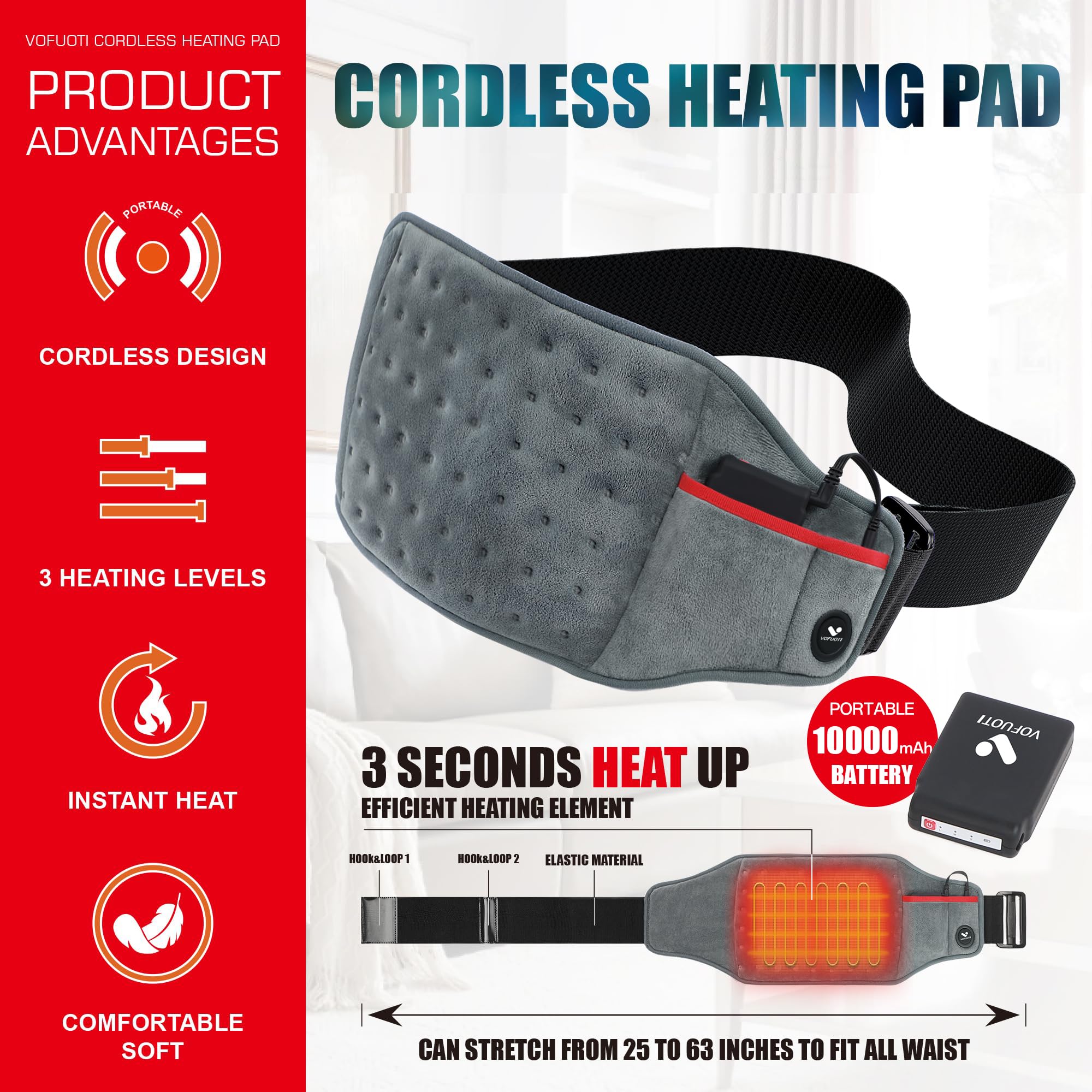 Vofuoti heating pad strap wearing for back or abdomen warmth.