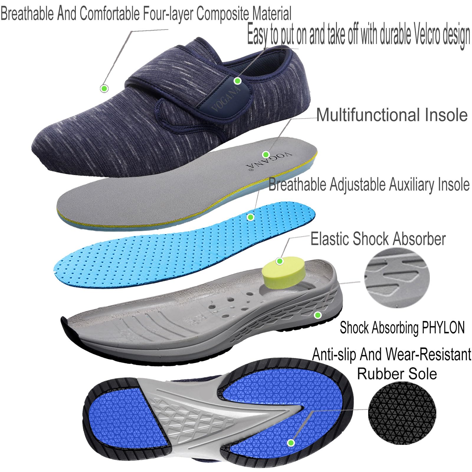 Vogona breathable stretch-knit upper keeps feet dry and comfortable.