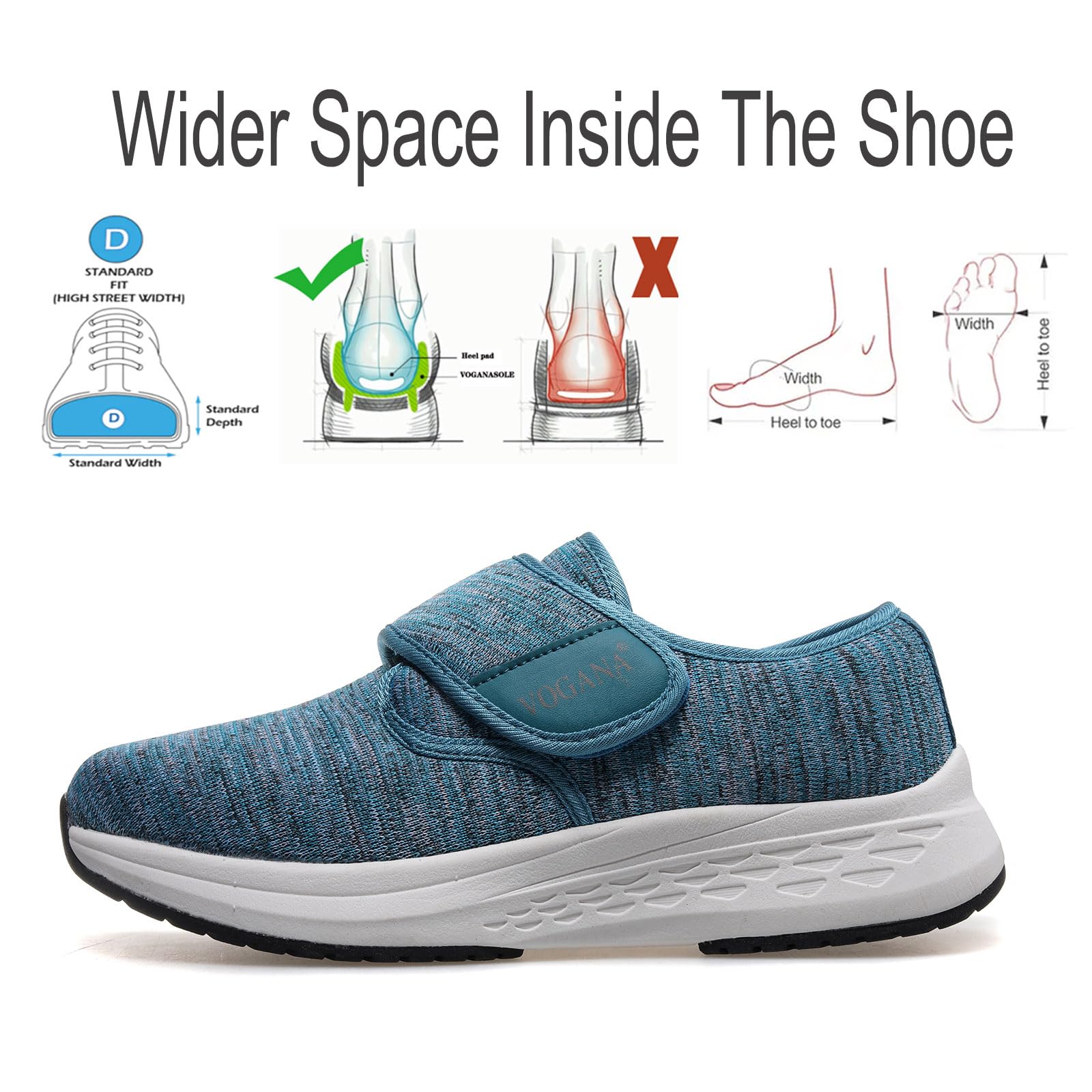 Vogana diabetic shoes blue front view, easy on/off with roomy toe box.