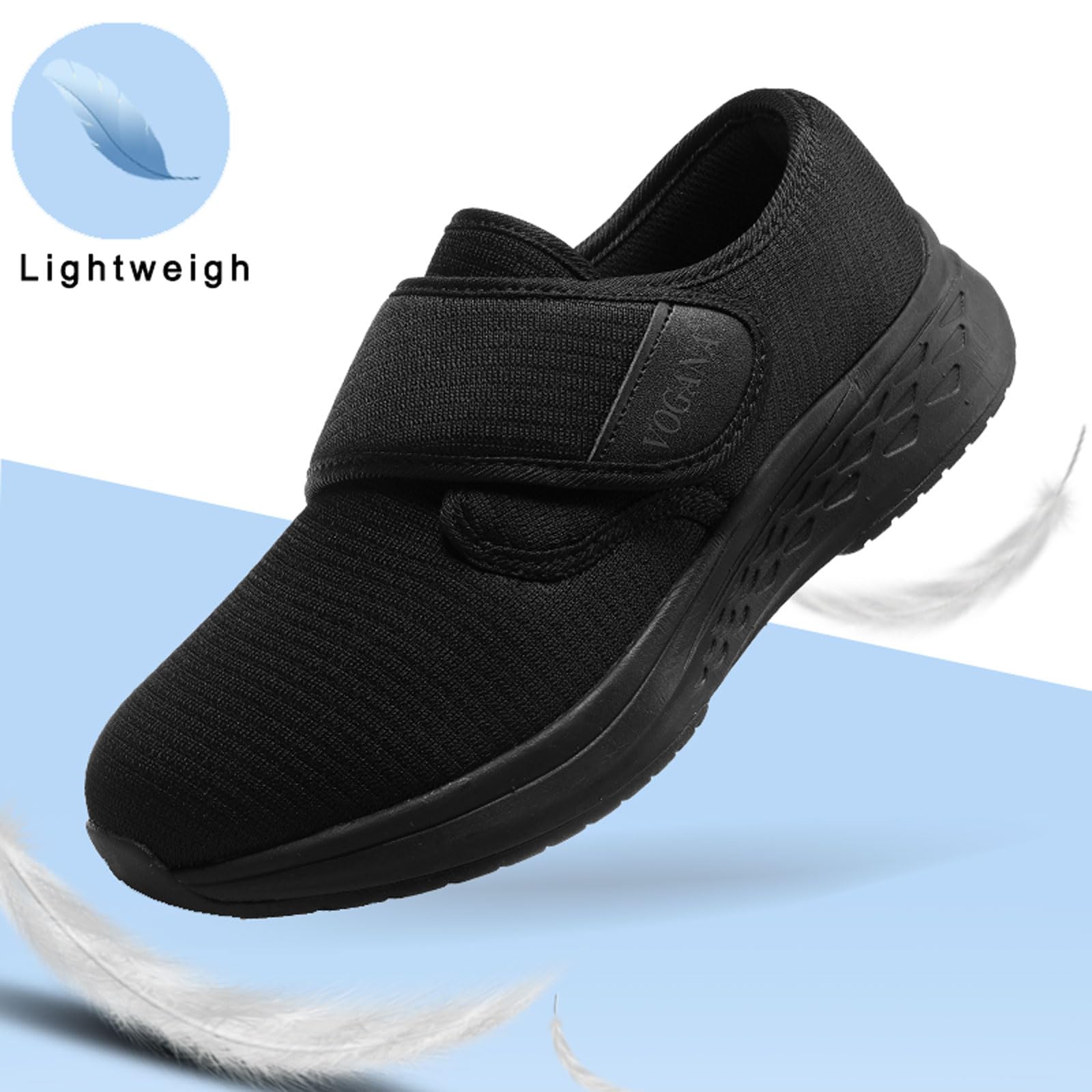 Vogana adjustable closure with strap enables easy on off for swollen feet.