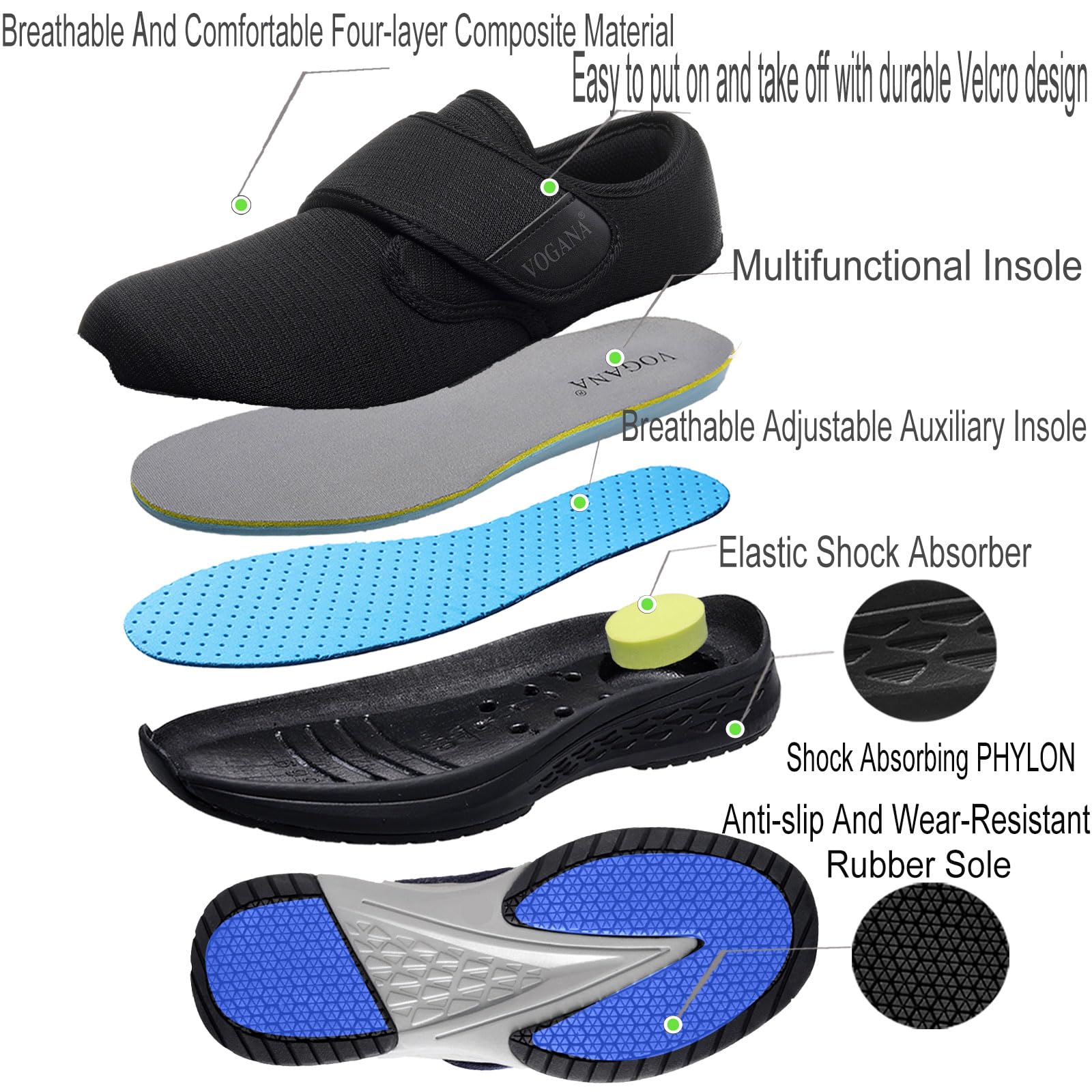 Vogana memory foam insole inside view provides cushioned support.