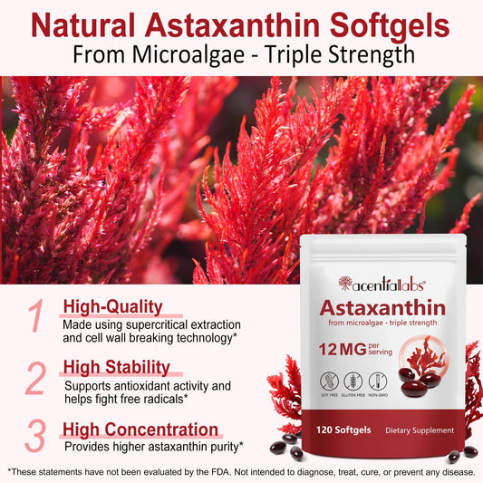 VOGSIG Astaxanthin 12mg softgels closeup; convenient daily capsule for antioxidant support.