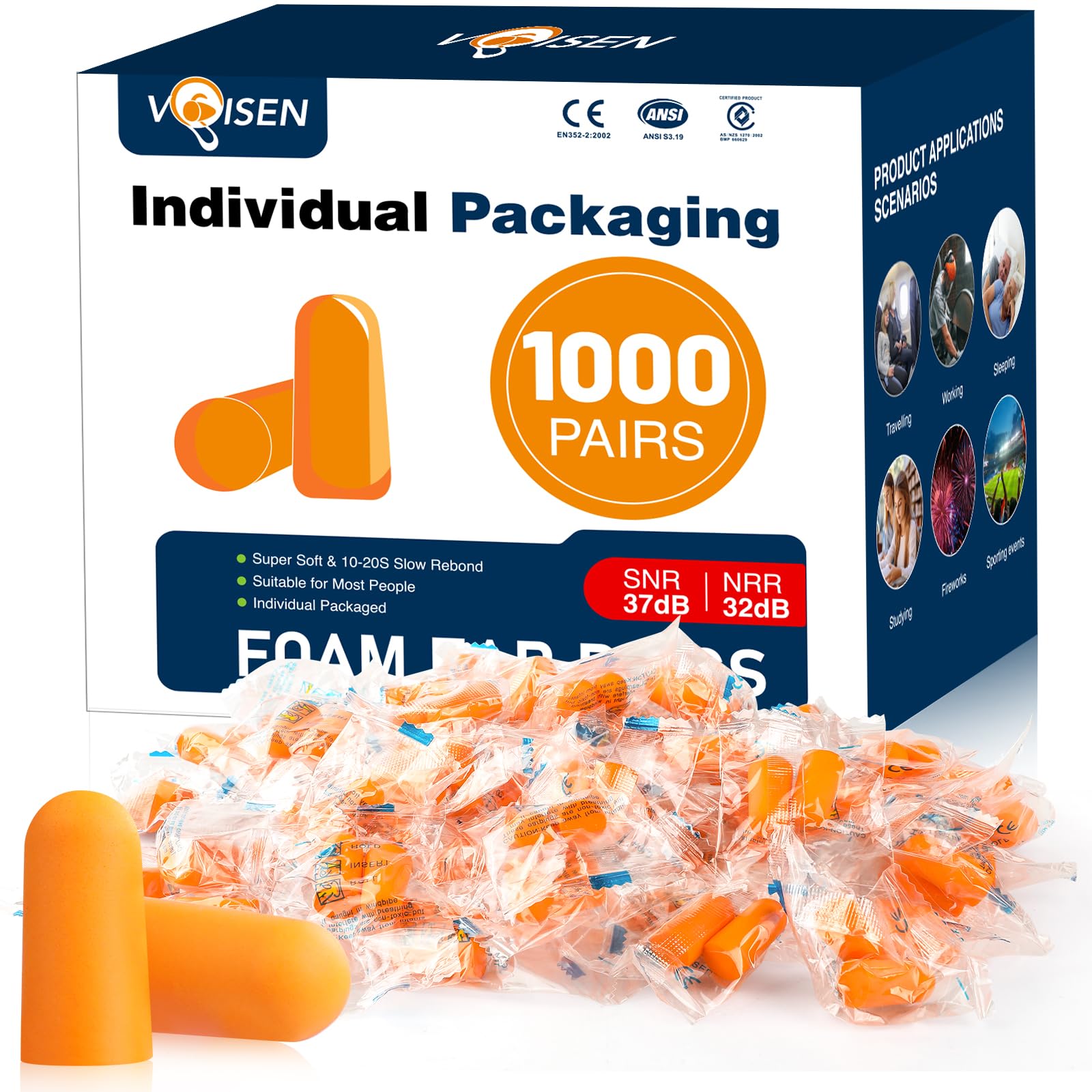 VOISEN ear plugs with soft foam for comfortable sleep and quiet surroundings.