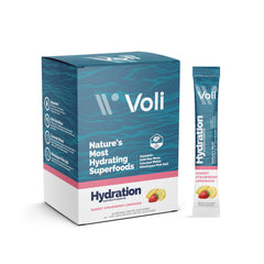 Voli Electrolytes Strawberry Lemonade packet in glass for refreshing hydration and minerals.