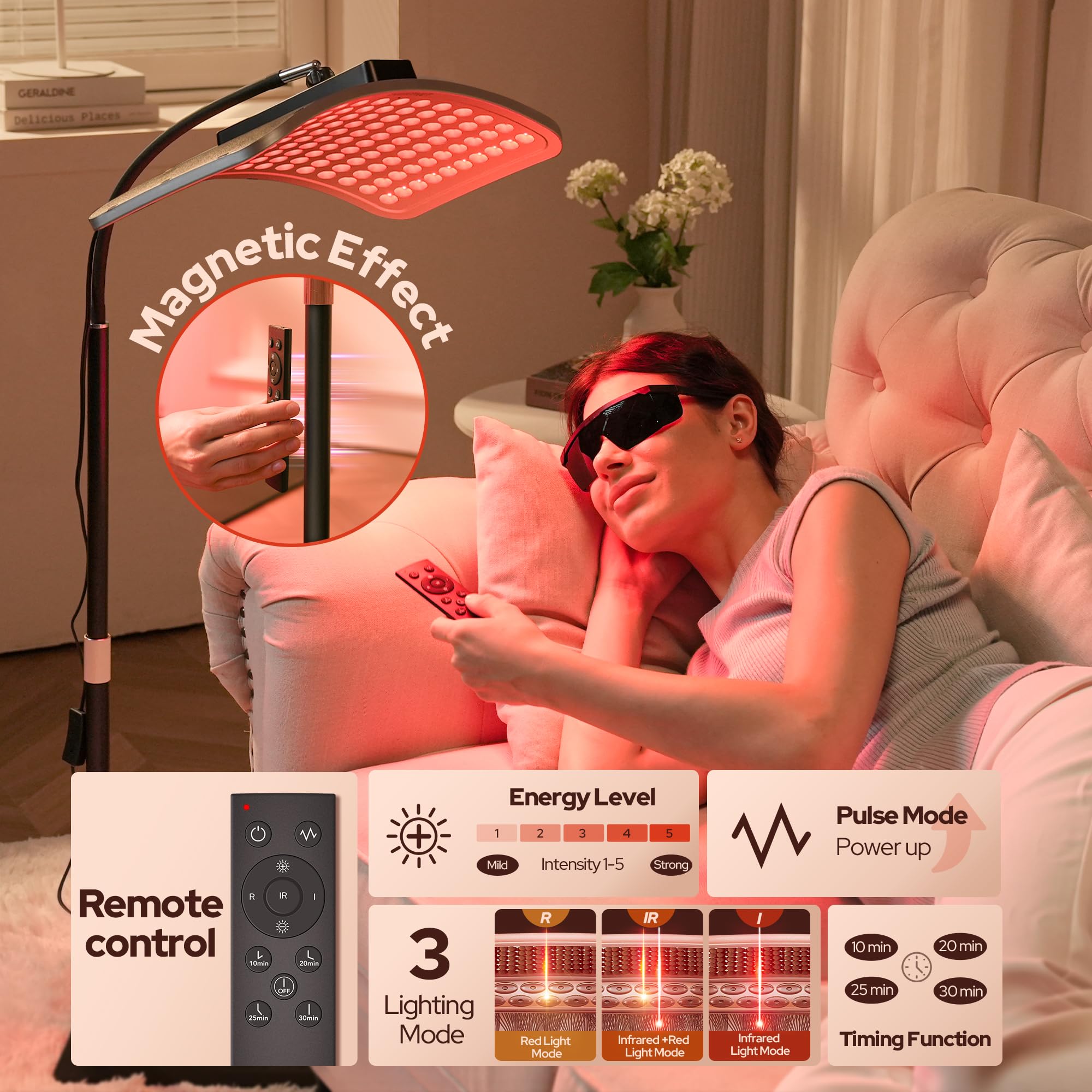 VOLISUN red light therapy lamp mounted on stable stand enabling hands-free operation.
