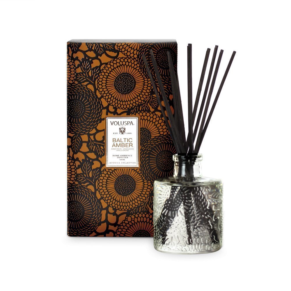 Voluspa Baltic Amber mini diffuser bottle delivering warm amber aroma for cozy home ambiance