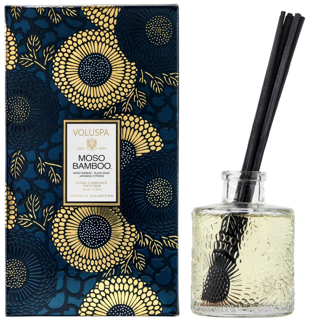 Voluspa Moso Bamboo diffuser bottle with embossed glass for long-lasting aroma.