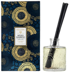 Voluspa Moso Bamboo diffuser bottle with embossed glass for long-lasting aroma.