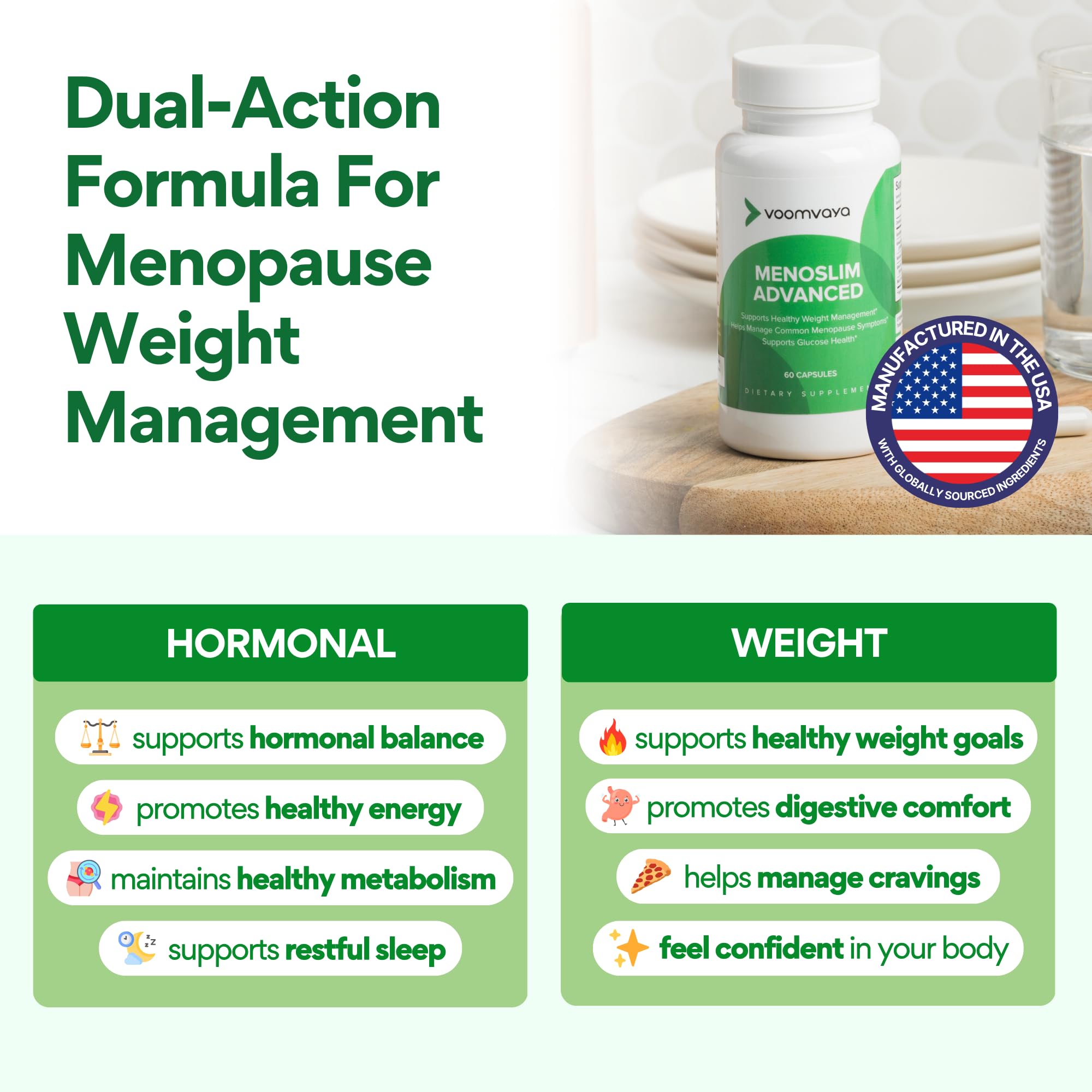 VoomVaya MenoSlim capsules closeup highlighting convenient supplement form.