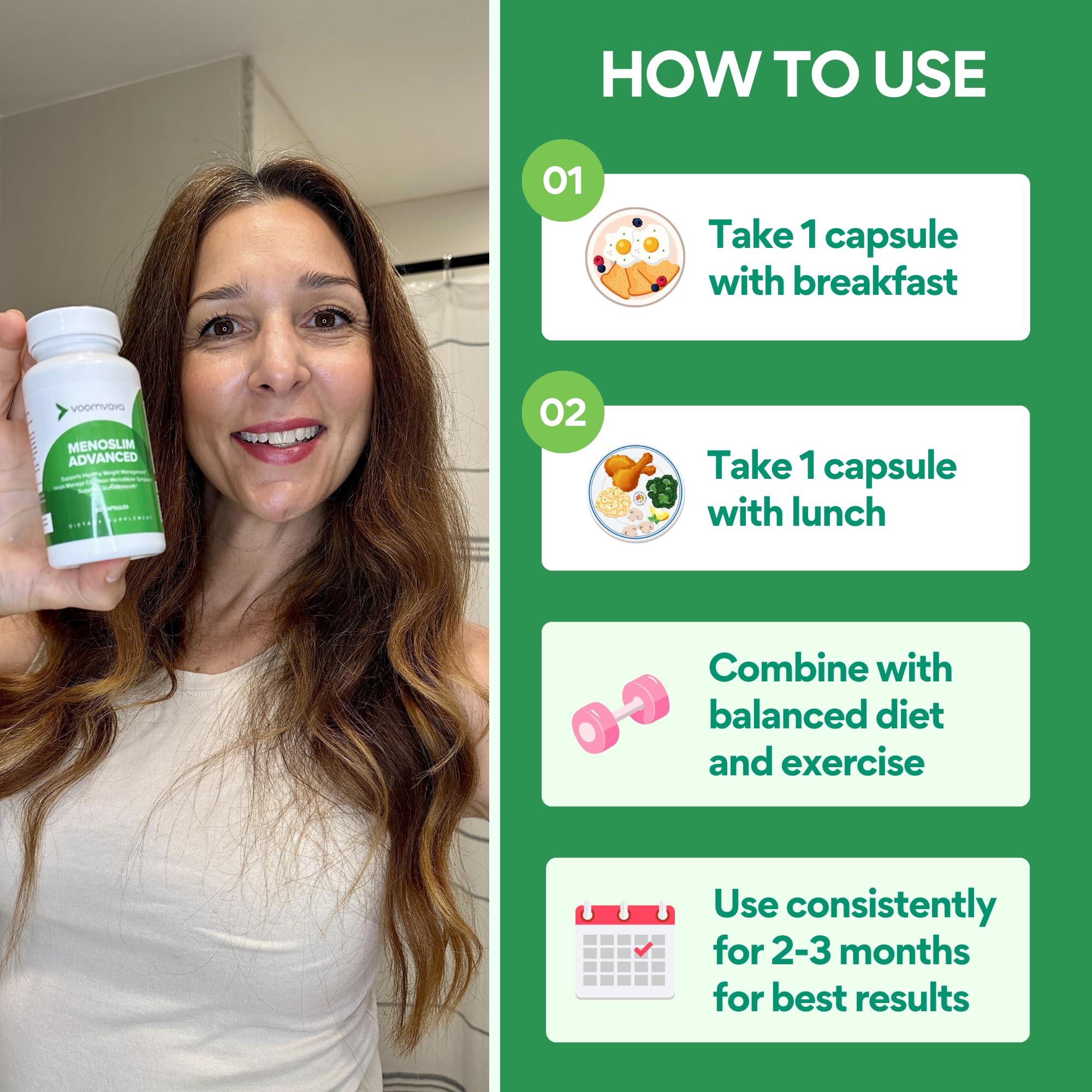 VoomVaya MenoSlim on a breakfast table supporting daily wellness.