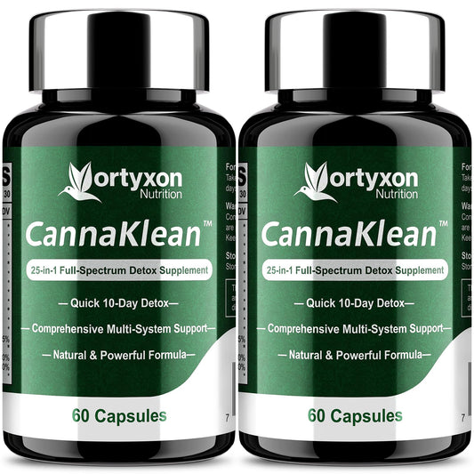 Vortyxon CannaKlean bottle front view highlights a 25-in-1 detox blend for daily wellness.