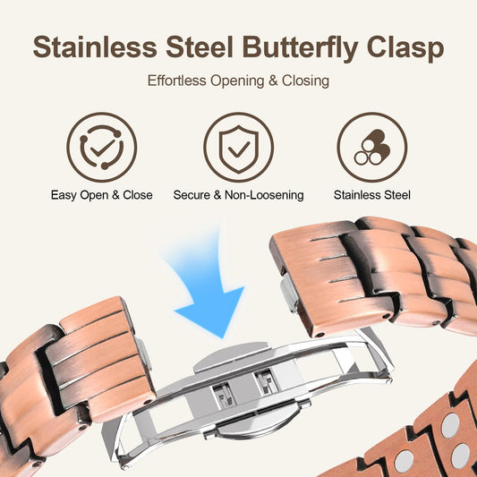 Voryx copper bracelet close-up shows 46 magnets and 2500 Gauss matrix for broad wrist contact